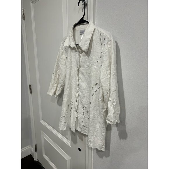 Susan Graver Embroidered Button Up Shirt Sz Large Laser Cutout Linen Bohemian - Picture 3 of 9
